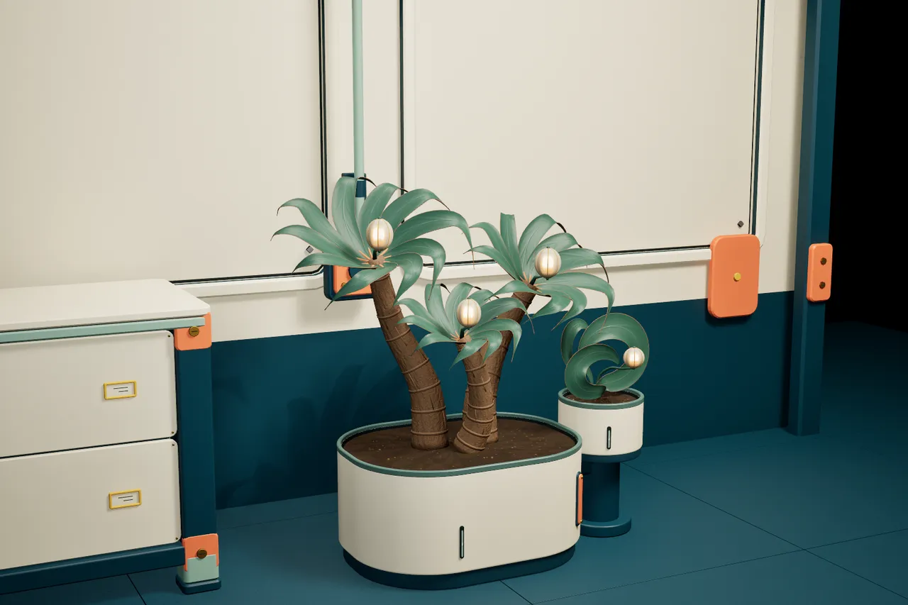 A potted alien palm with glowing seed pods beside ivory station cabinetry.