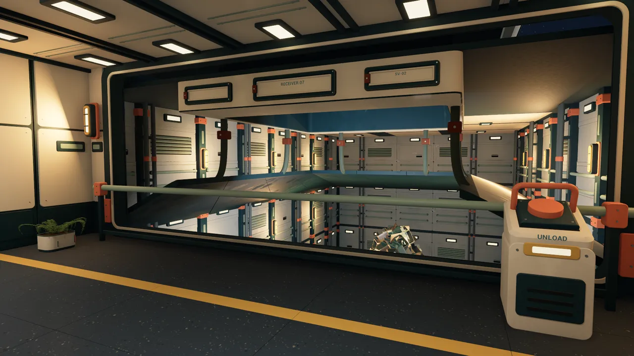The receiving gallery: a glass-walled shaft where salvage is unloaded, with an Unload button in the foreground.